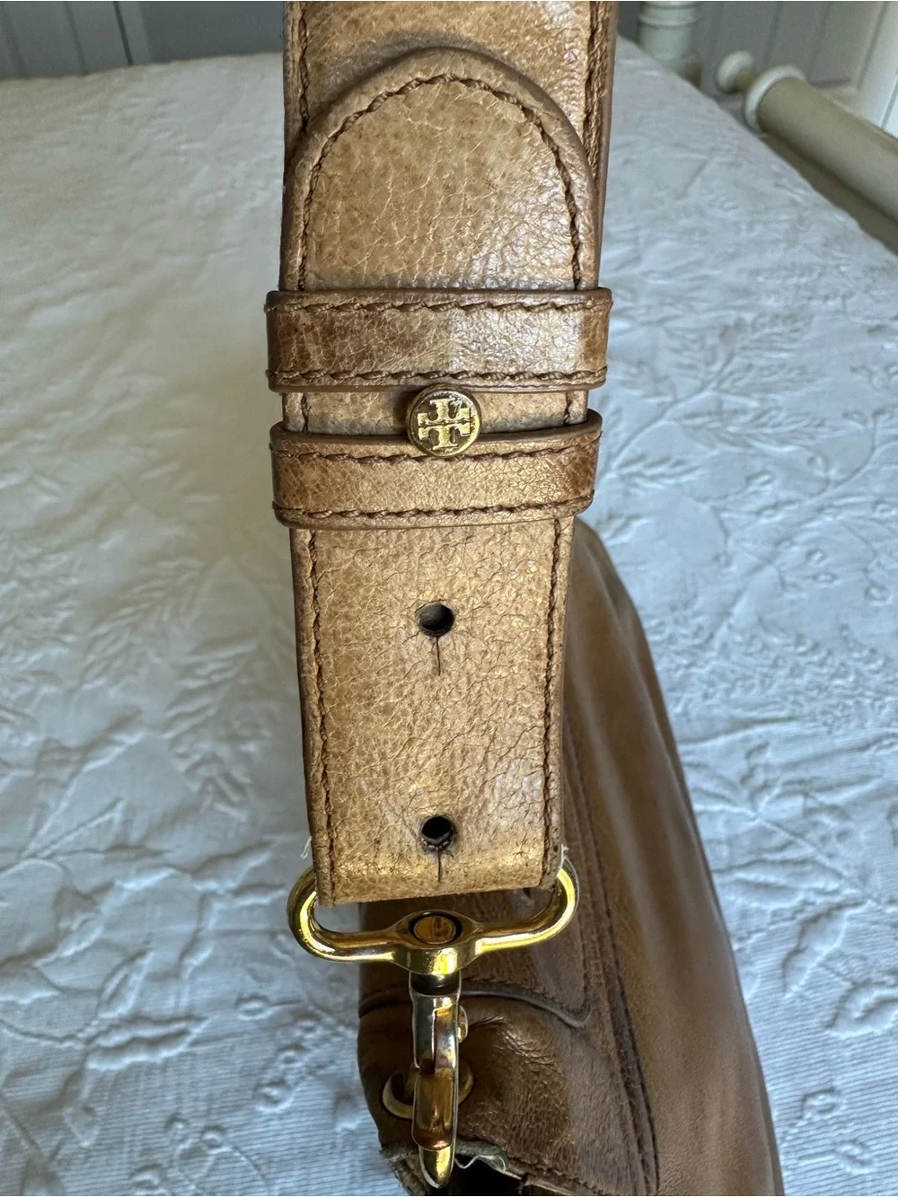 Tory Burch Tan Distressed Leather Shoulder Bag with Gold Logo Medallion